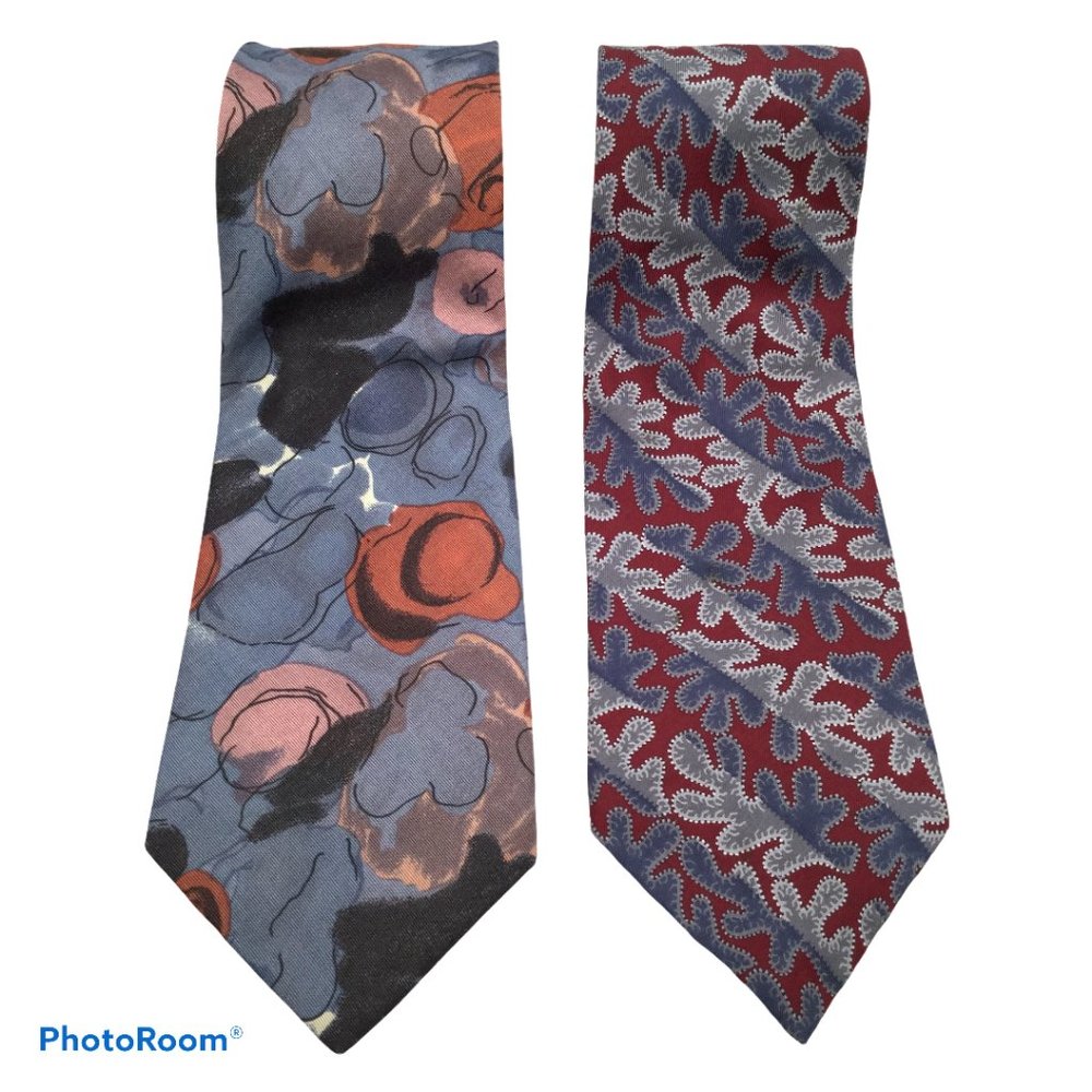Claiborne Set of Ties Burgundy Blue Leaf & Floral